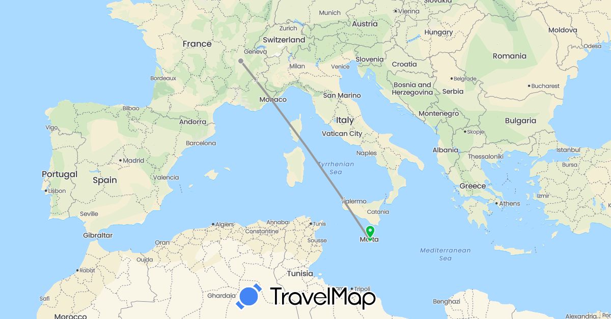 TravelMap itinerary: bus, plane in France, Malta (Europe)